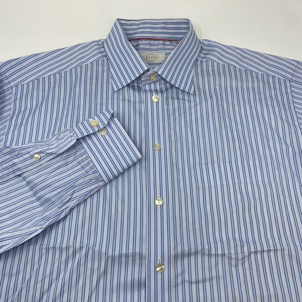 Eton Men's 43-17 Blue Striped Long Sleeve Button Down Classic Dress Shirt‎